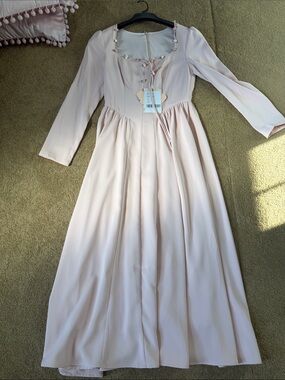 Lace Made Elegant Blush Long-Sleeve Midi Dress with Tie Front